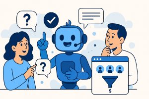 illustration of a Tidio AI chatbot engaging two people with interactive communication features