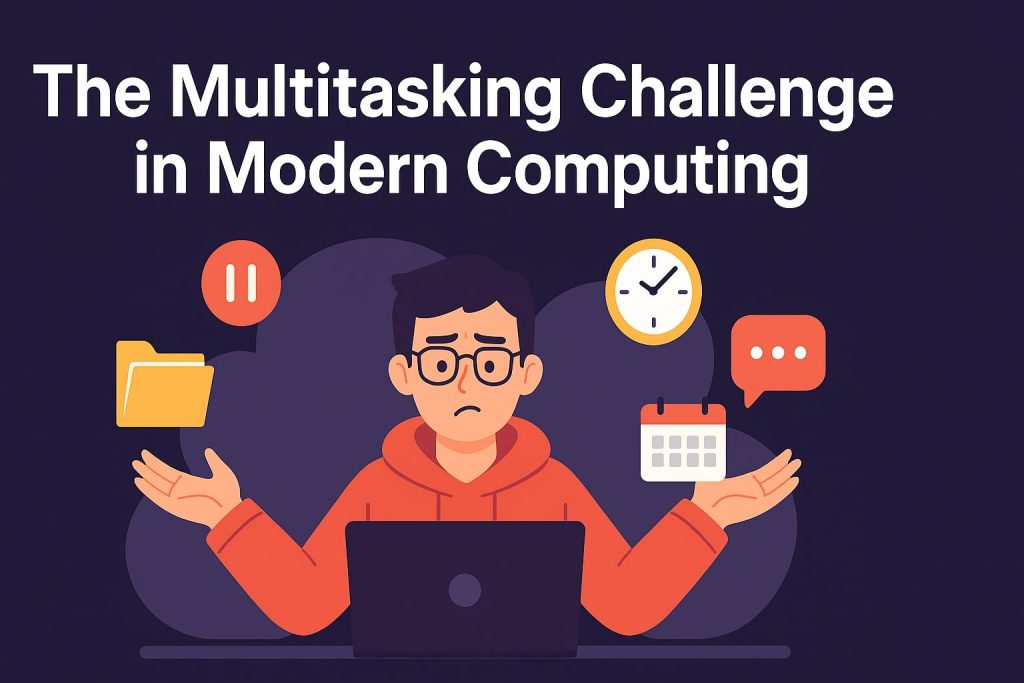 Frustrated man multitasking on a laptop with digital icons for time, schedule, messages, and file management, illustrating modern computing challenges.