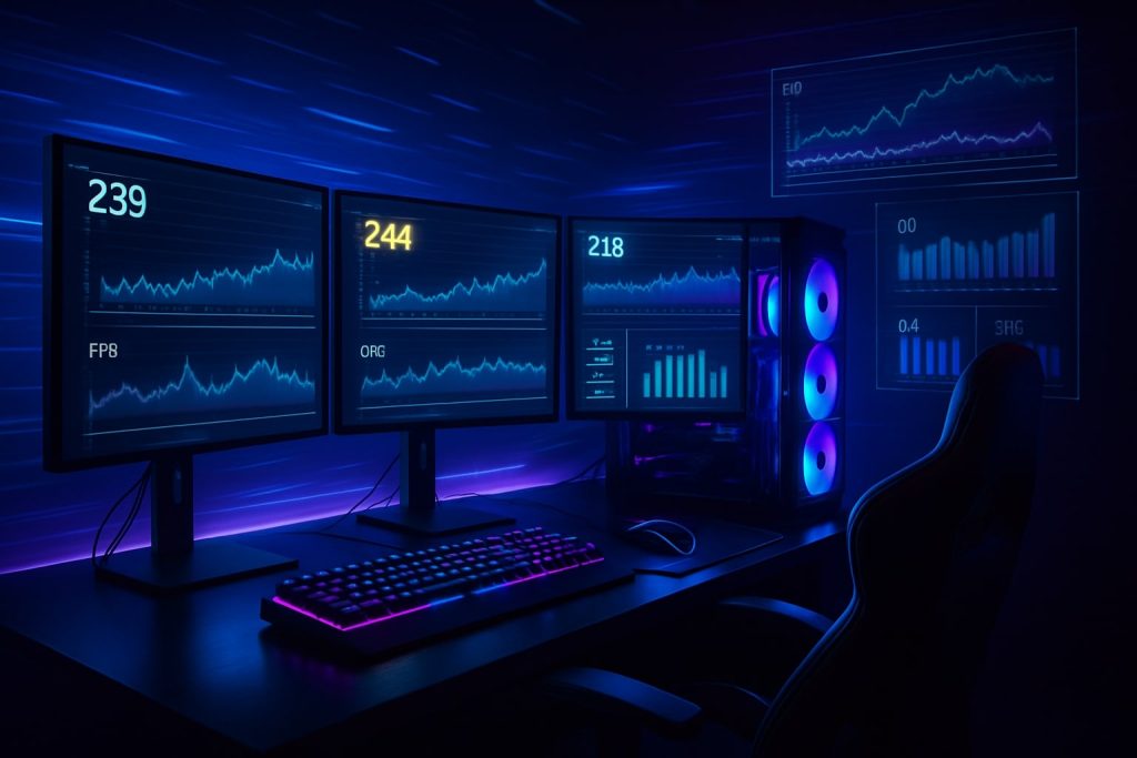 riple-monitor gaming PC setup with performance analytics and charts on screens in a dark, neon-lit room.
